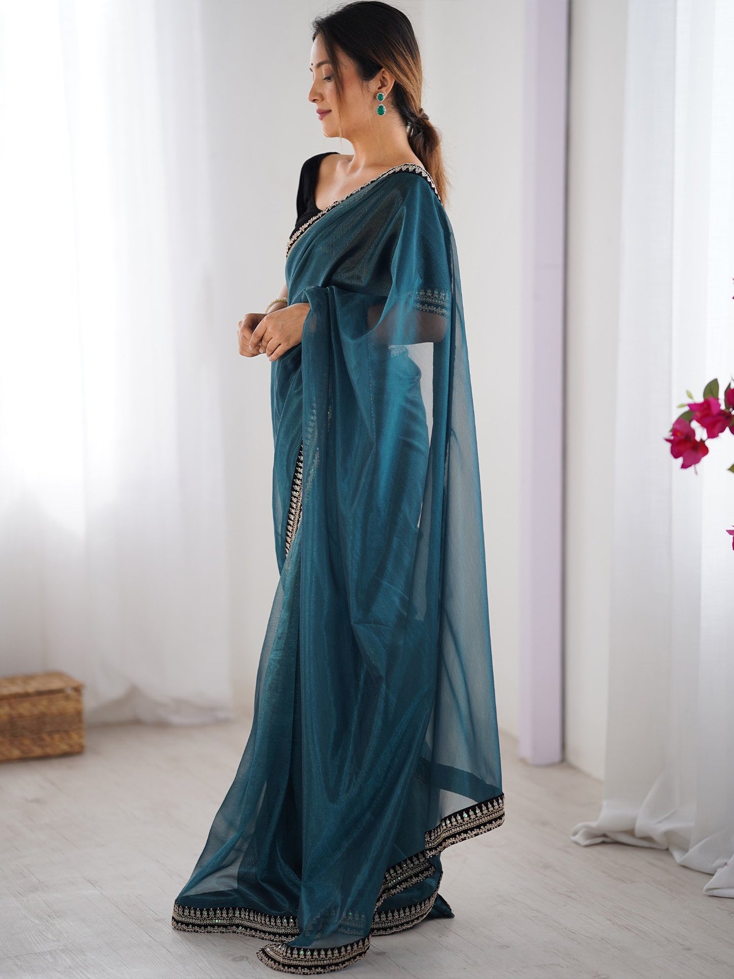 Teal Party Wear Net Embellished Saree