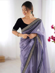 Lavendar Party Wear Net Embellished Saree