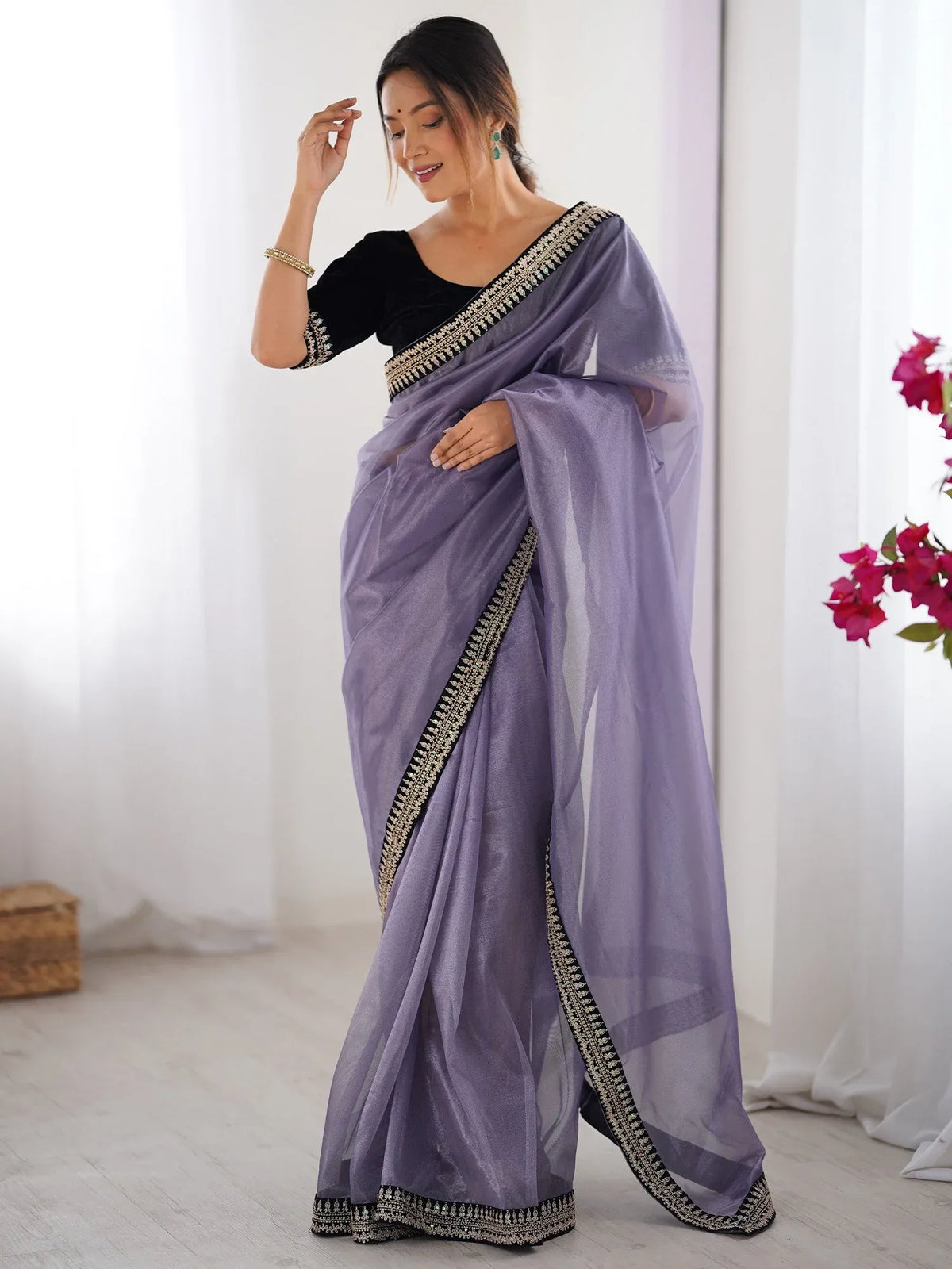 Lavender Lavendar Party Wear Net Embellished Saree