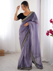 Lavender Lavendar Party Wear Net Embellished Saree