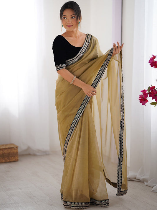 Brown Camel Party Wear Net Embellished Saree