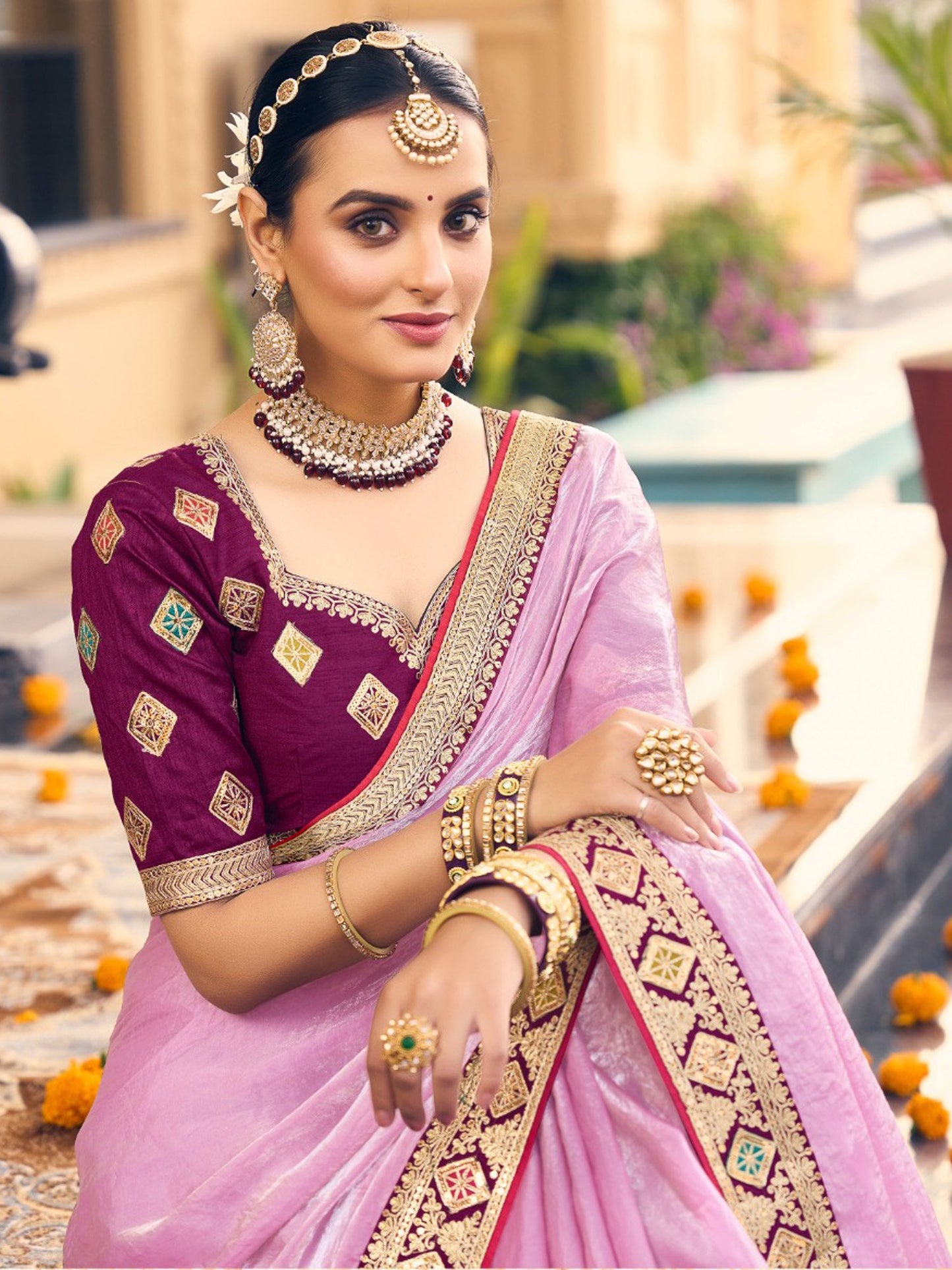 Mauve Party Wear Satin Silk Embellished Saree
