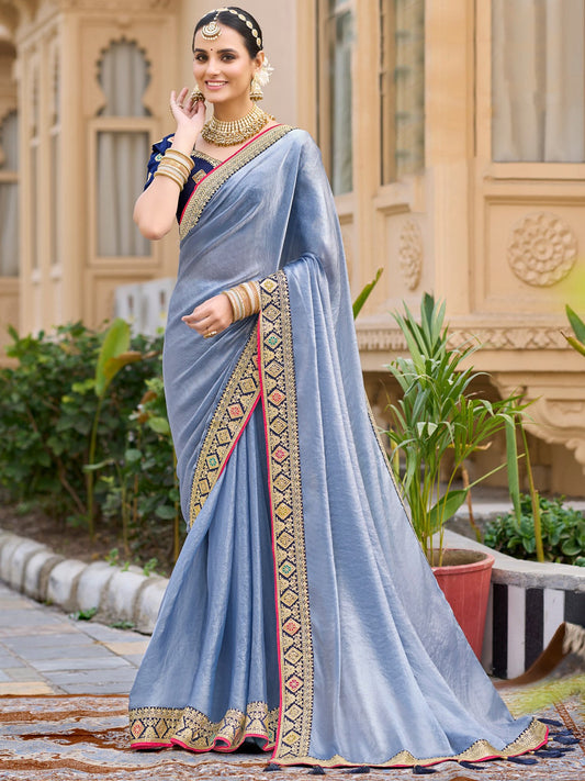 Blue Blue Party Wear Satin Silk Embellished Saree