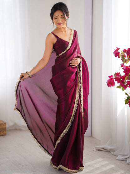 Magenta Party Wear Satin Embellished Saree