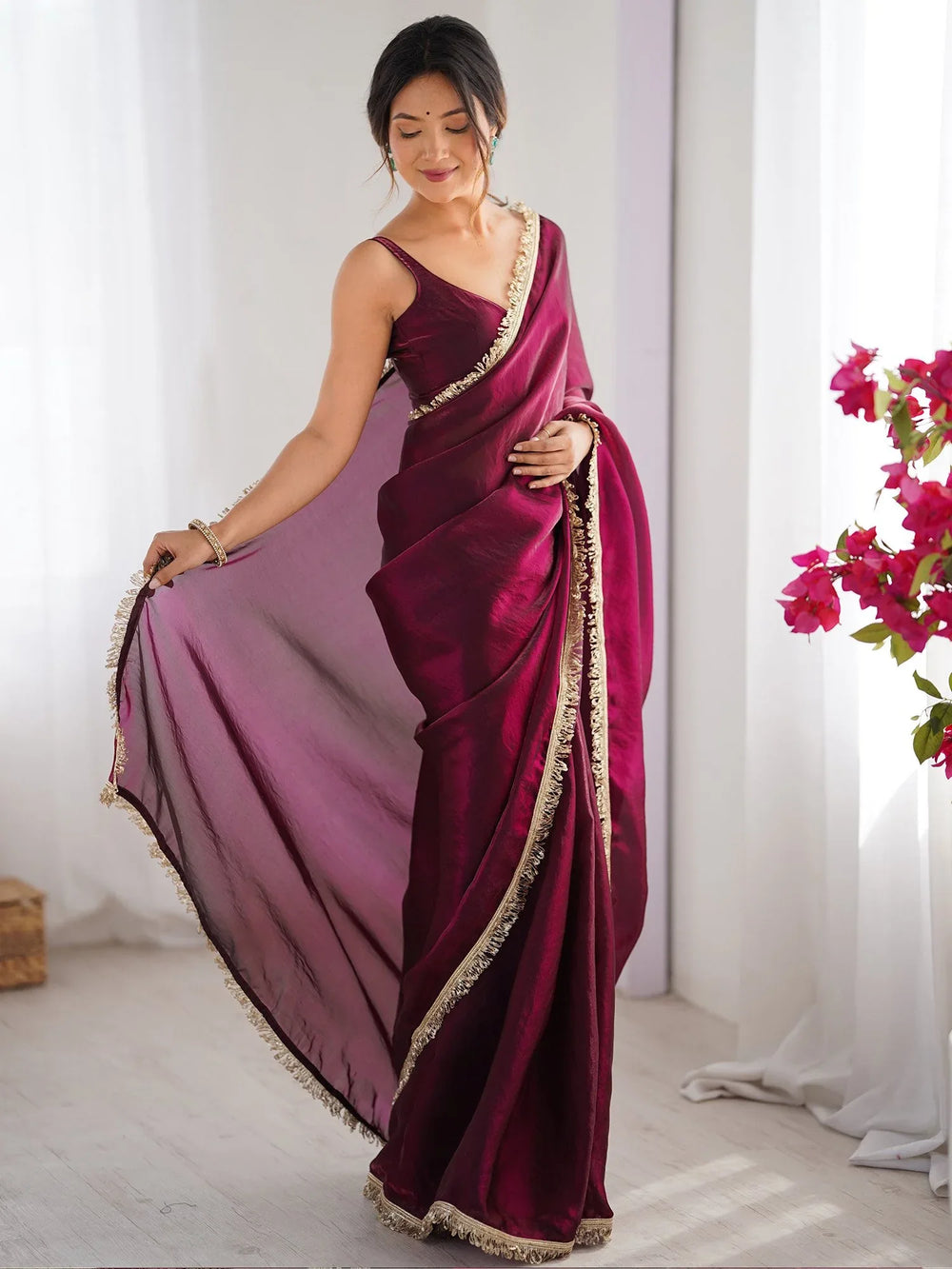 Magenta Party Wear Satin Embellished Saree - The Dori Store