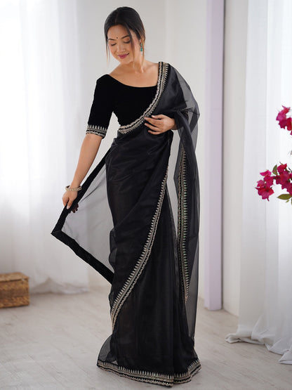 Black Party Wear Net Embellished Saree