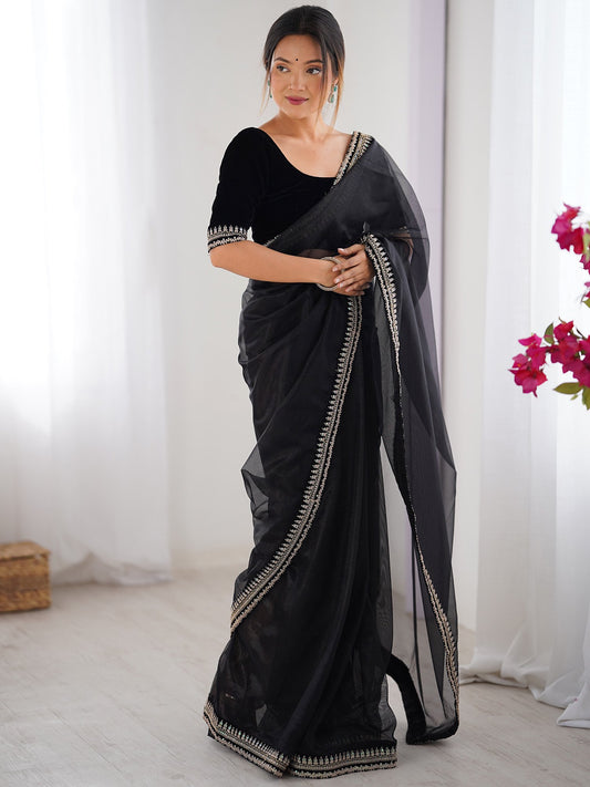 Black Black Party Wear Net Embellished Saree
