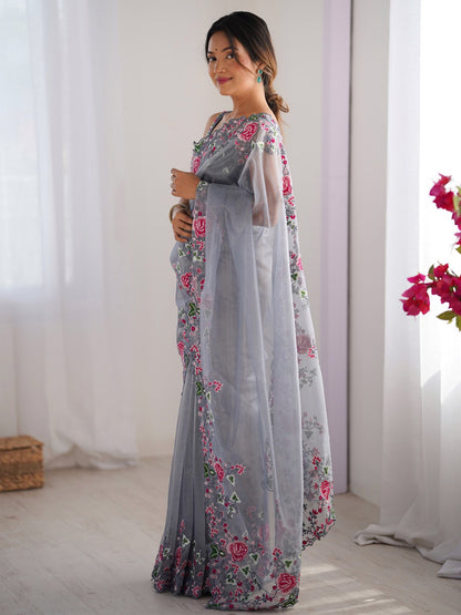 Grey Party Wear Net Embroidered Saree