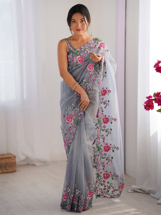 Grey Grey Party Wear Net Embroidered Saree