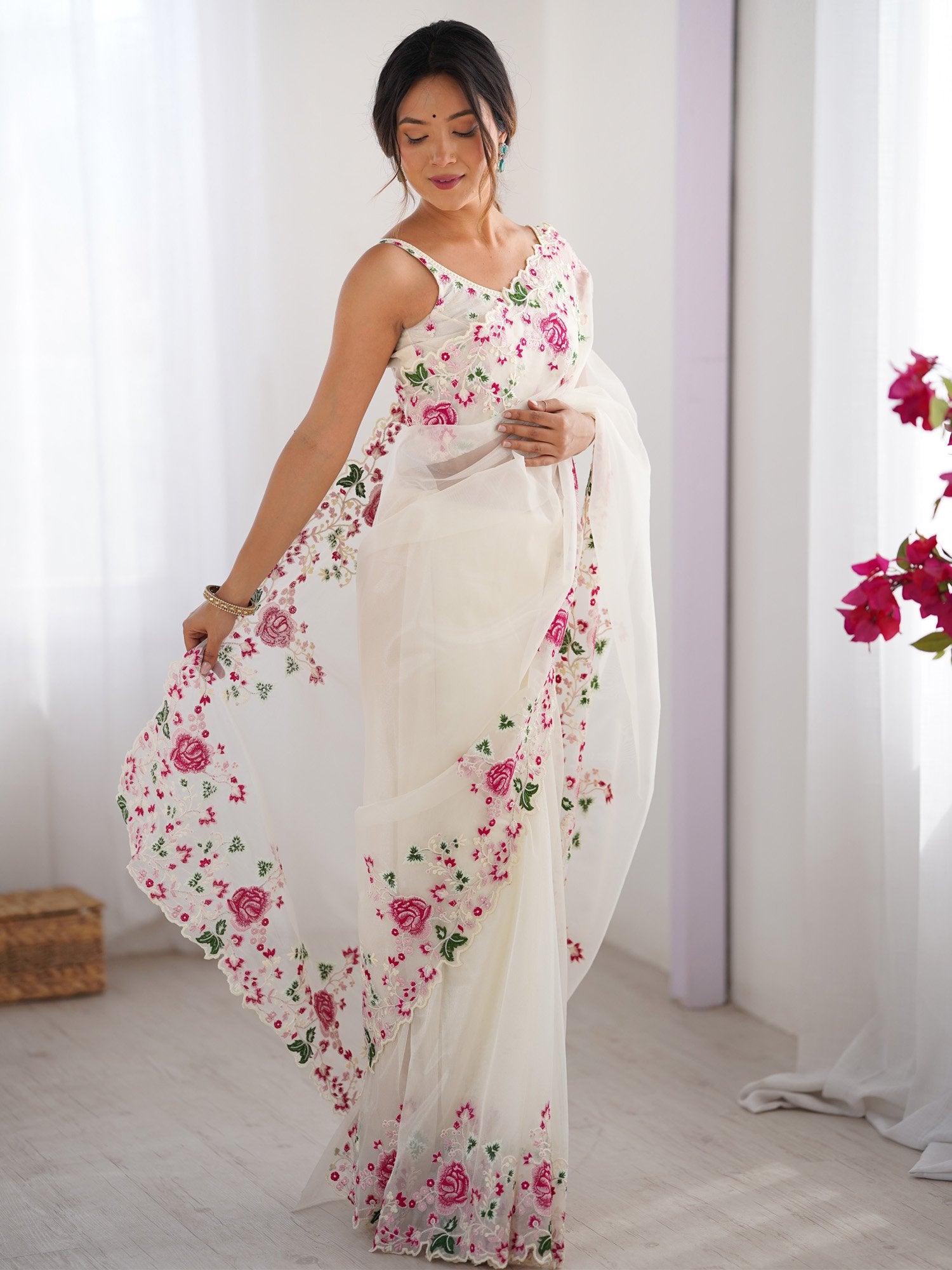 Off White Party Wear Net Embroidered Saree