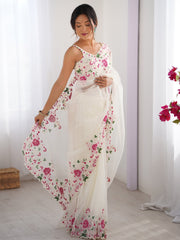 Off White Party Wear Net Embroidered Saree