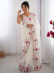 White Off Party Wear Net Embroidered Saree