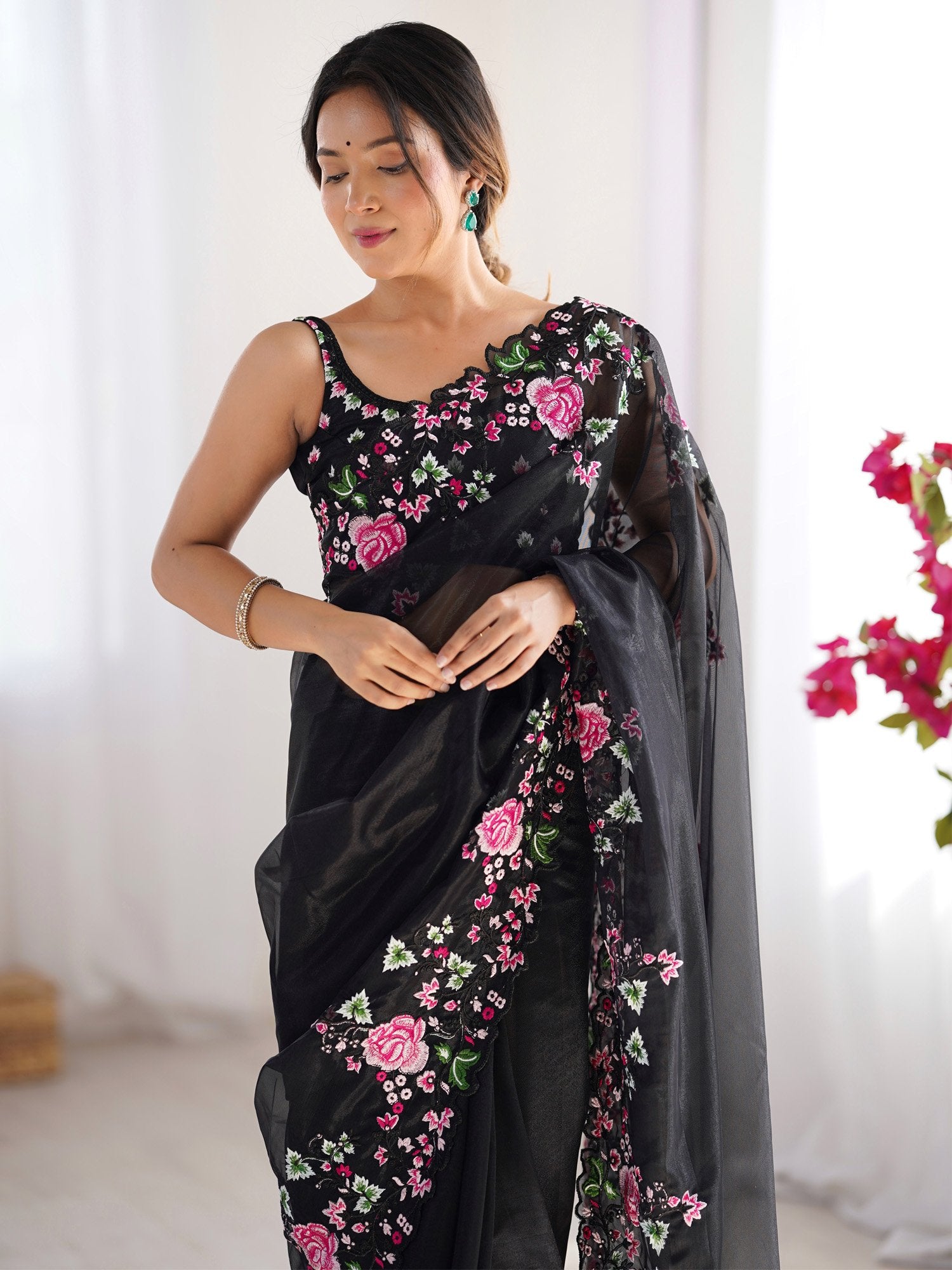 Black Party Wear Net Embroidered Saree