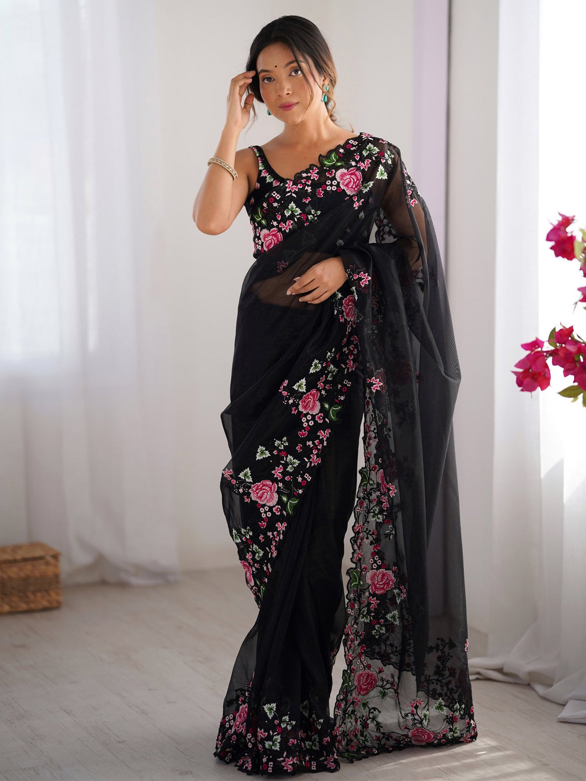Black Black Party Wear Net Embroidered Saree