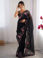 Black Black Party Wear Net Embroidered Saree