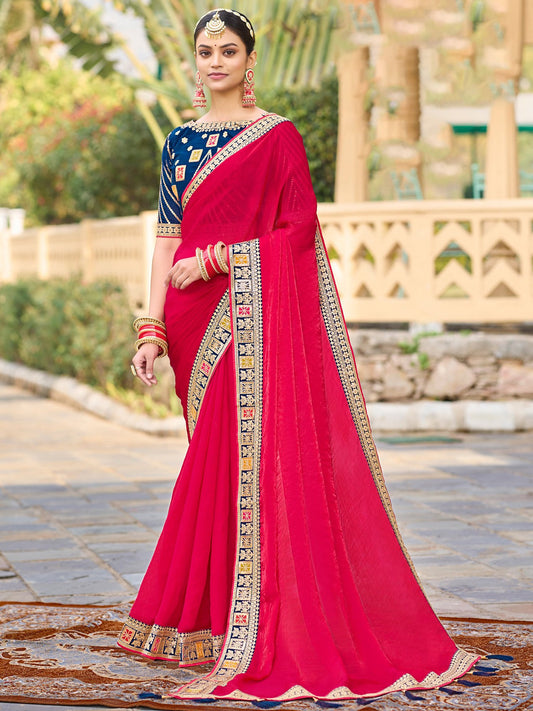 Pink Pink Party Wear Satin Silk Embellished Saree