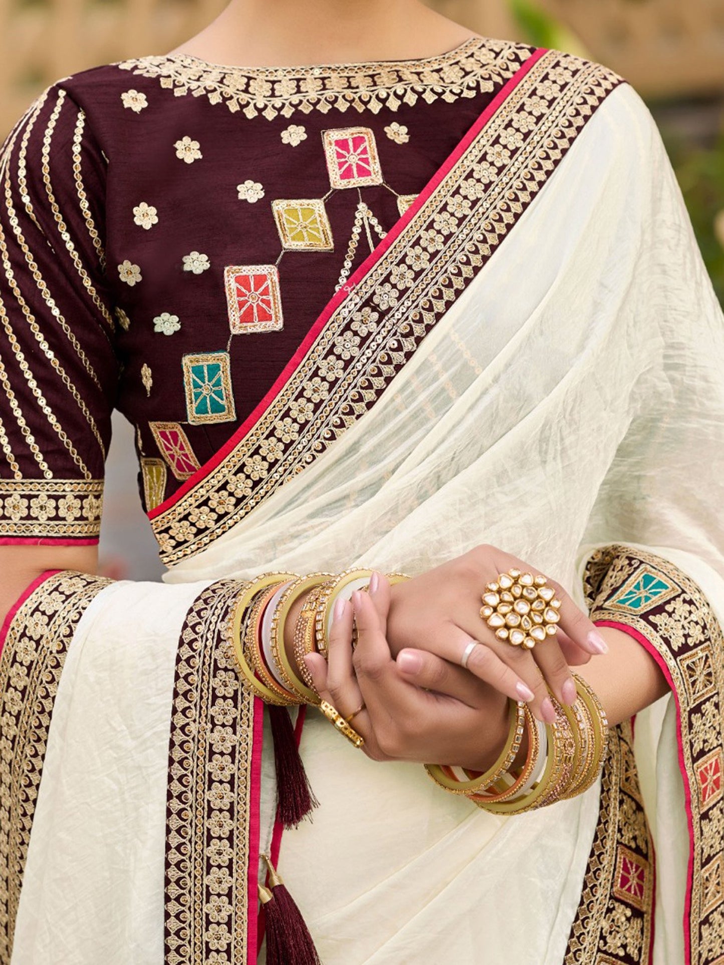 Cream Party Wear Satin Silk Embellished Saree