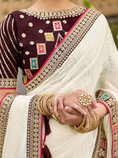 Cream Party Wear Satin Silk Embellished Saree