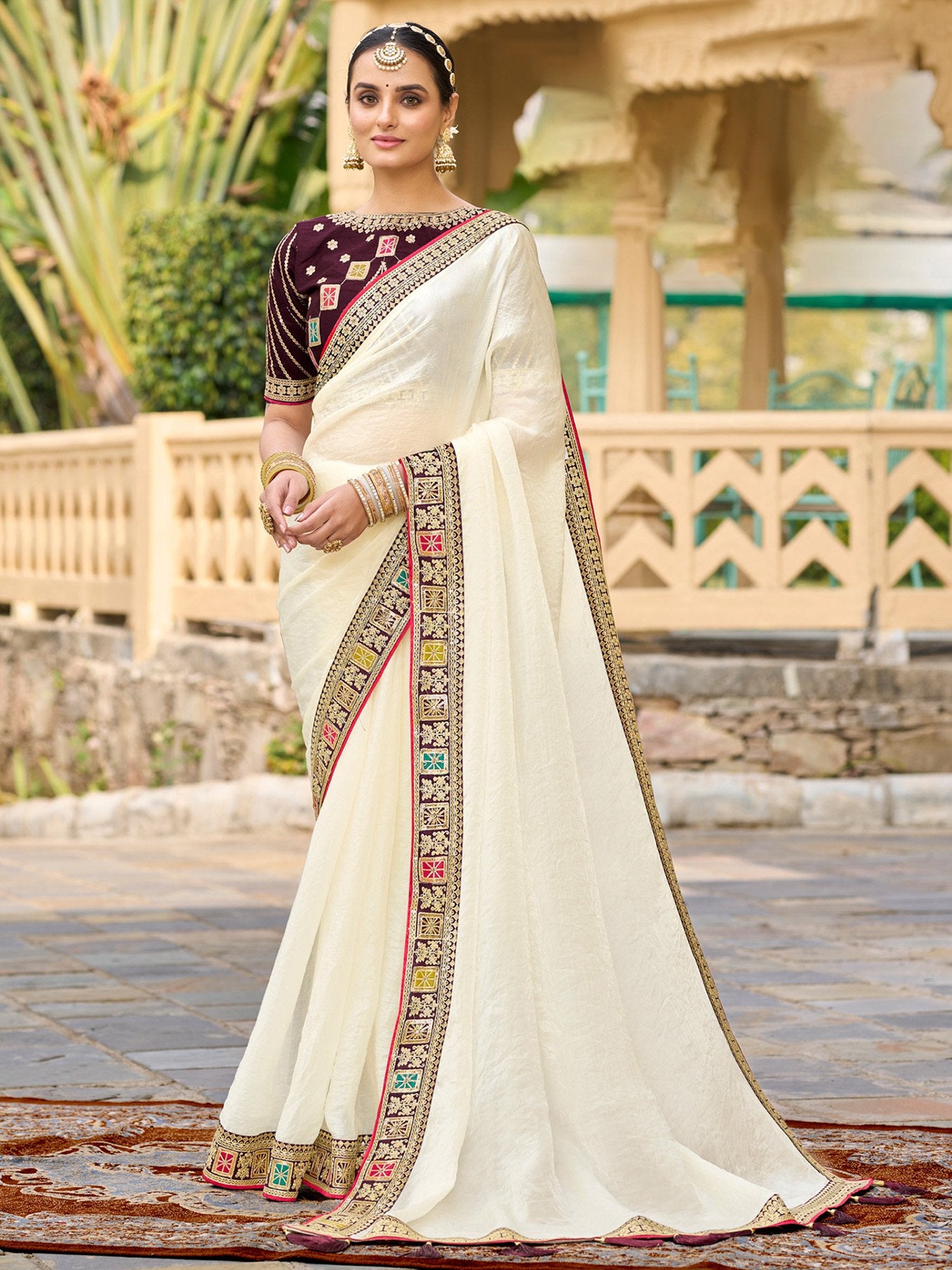 Cream Cream Party Wear Satin Silk Embellished Saree