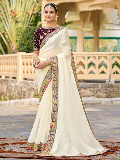 Cream Cream Party Wear Satin Silk Embellished Saree
