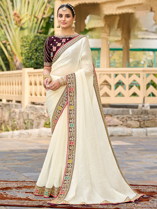 Cream Cream Party Wear Satin Silk Embellished Saree