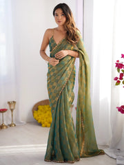 Green Sea Party Wear Chiffon Embellished Saree