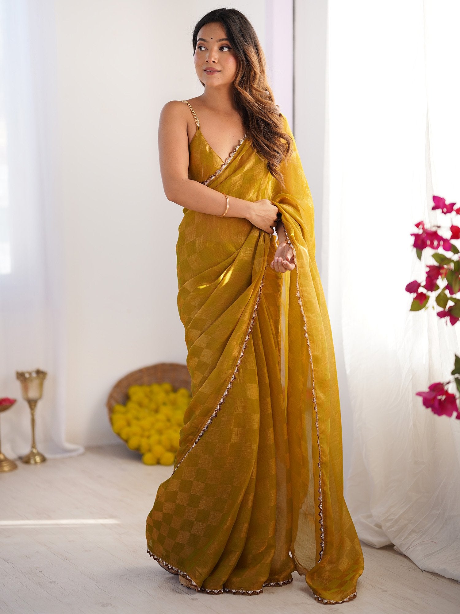 Yellow Mustard Party Wear Chiffon Embellished Saree