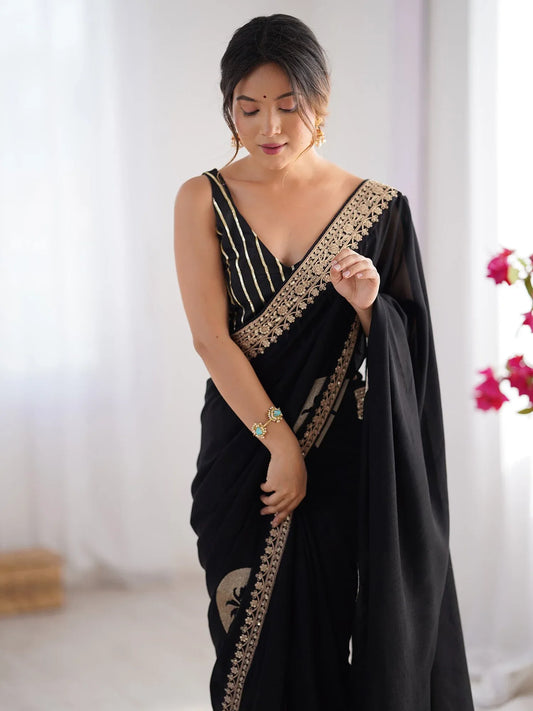 Black Black Party Wear Vichitra Silk Embellished Saree