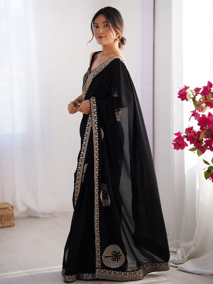 Black Party Wear Vichitra Silk Embellished Saree