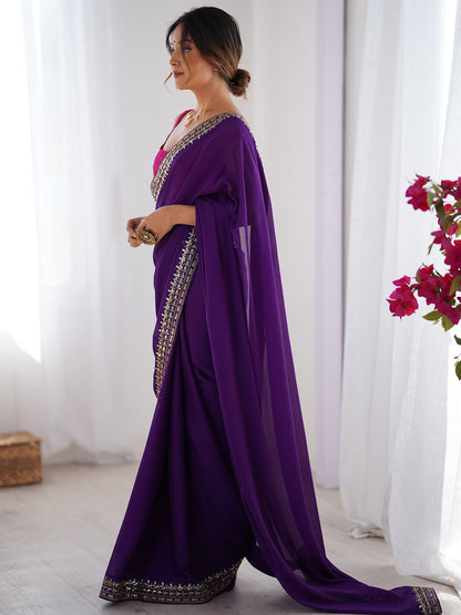 Purple Party Wear Pure Georgette Embellished Saree