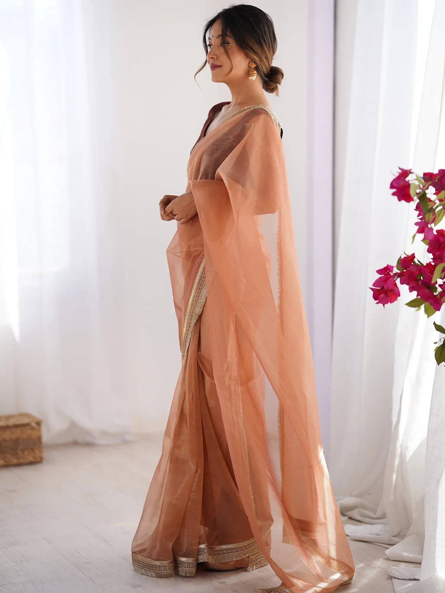 Peach Party Wear Net Embellished Saree