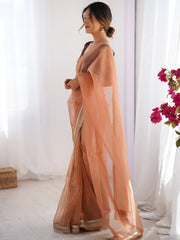 Peach Party Wear Net Embellished Saree