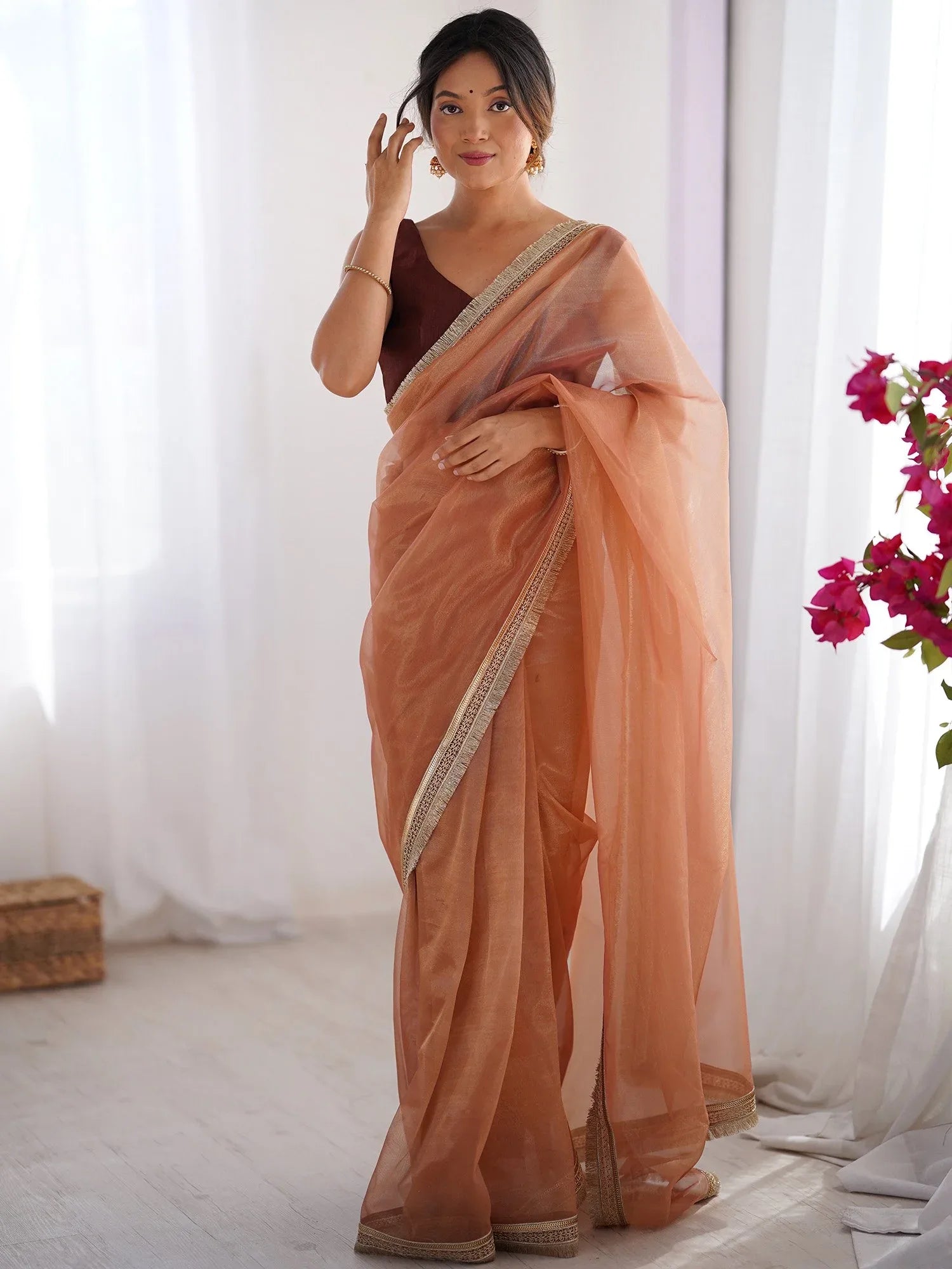 Pink Peach Party Wear Net Embellished Saree