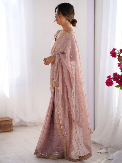 Beige Party Wear Organza Embellished Saree