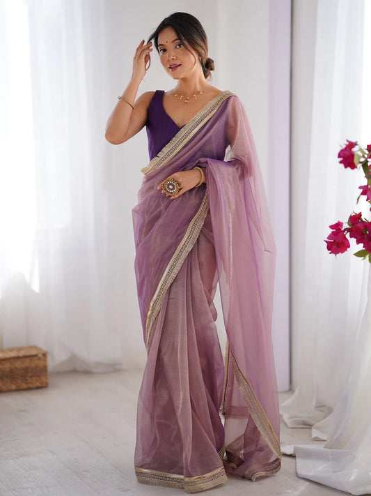 Lavender Lavendar Party Wear Net Embellished Saree