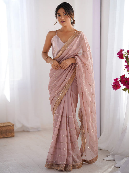 Pink Beige Party Wear Organza Embellished Saree
