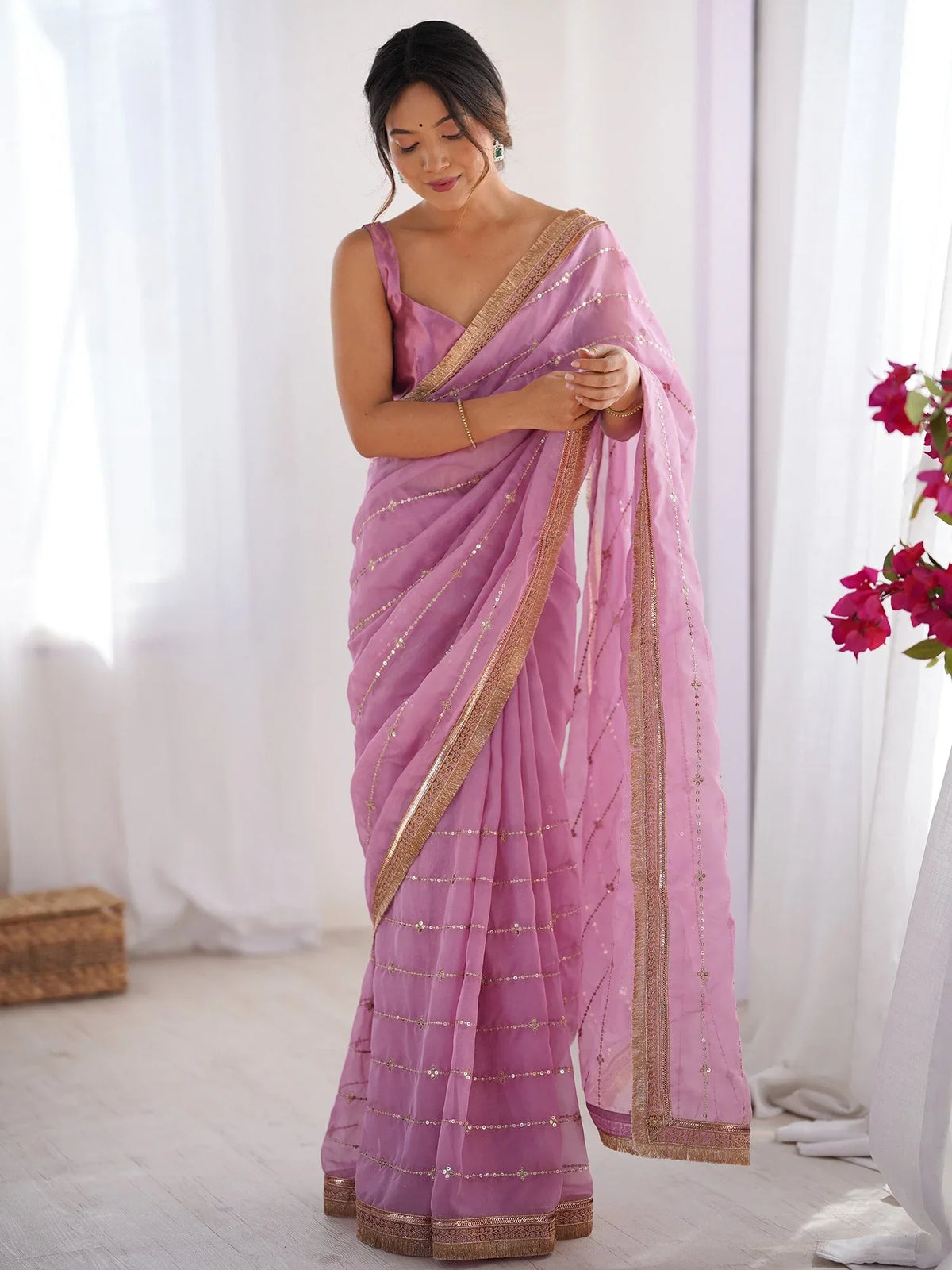 Pink Mauve Party Wear Organza Embellished Saree