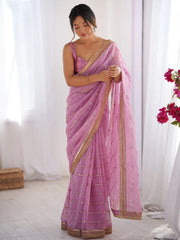 Pink Mauve Party Wear Organza Embellished Saree