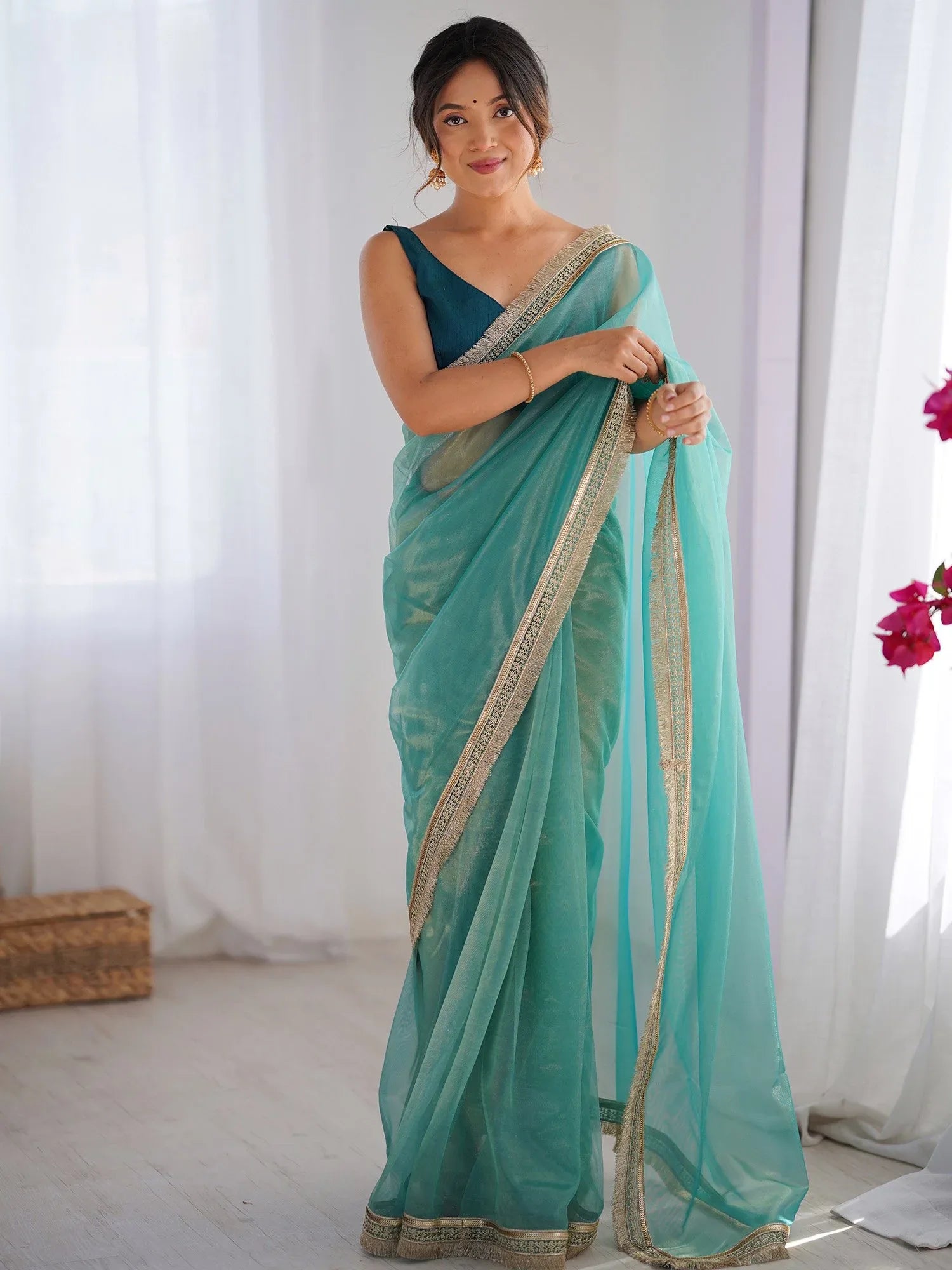 Blue Light Party Wear Net Embellished Saree