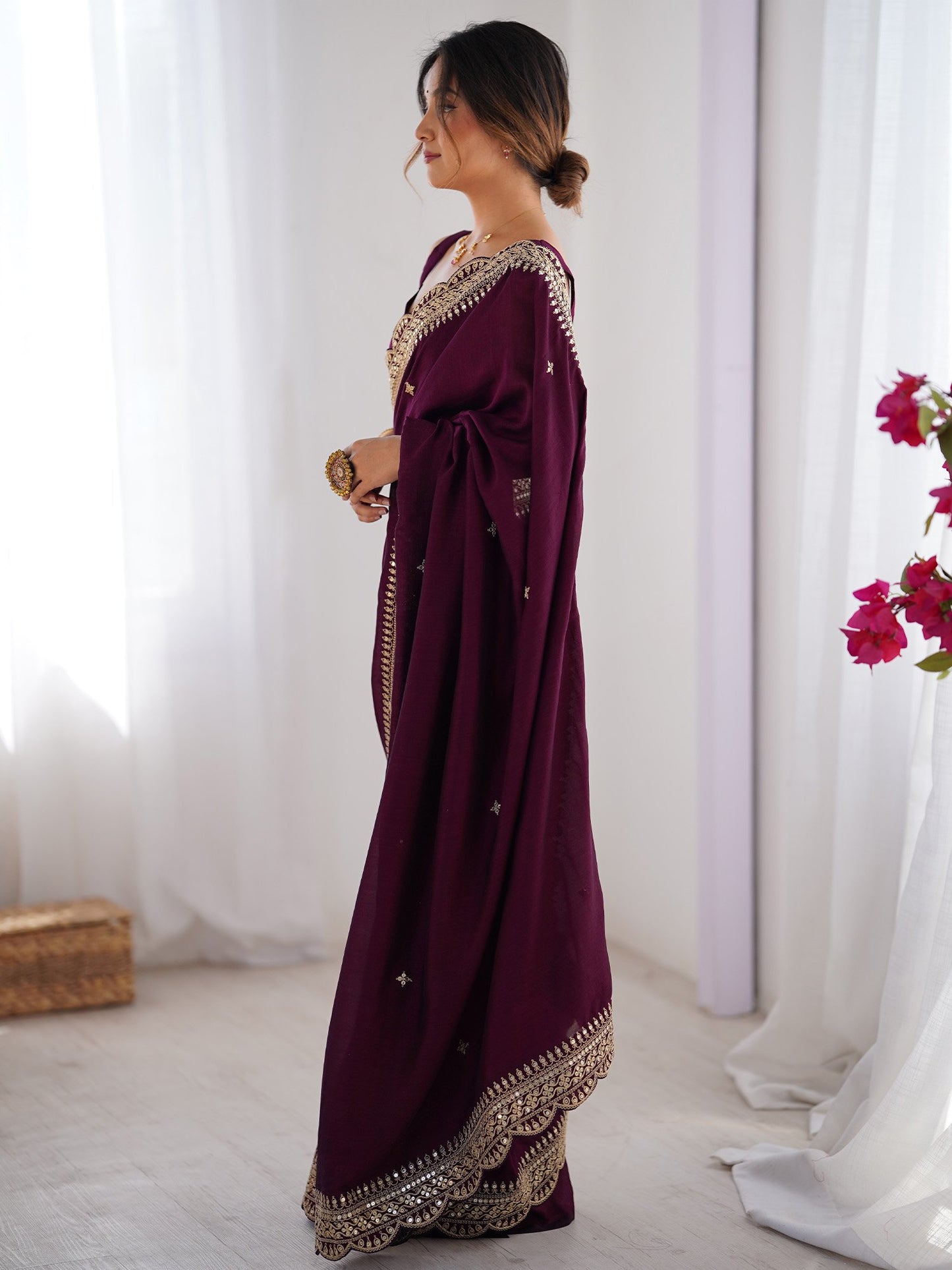 Purple Party Wear Vichitra Silk Embellished Saree