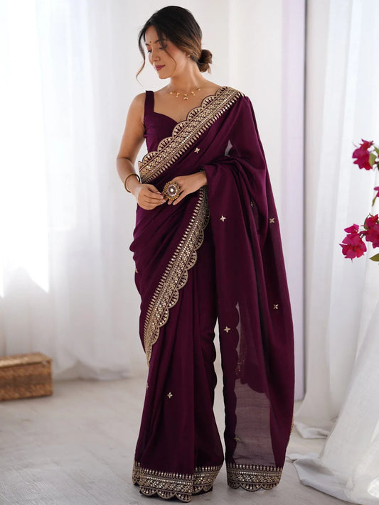 Purple Purple Party Wear Vichitra Silk Embellished Saree