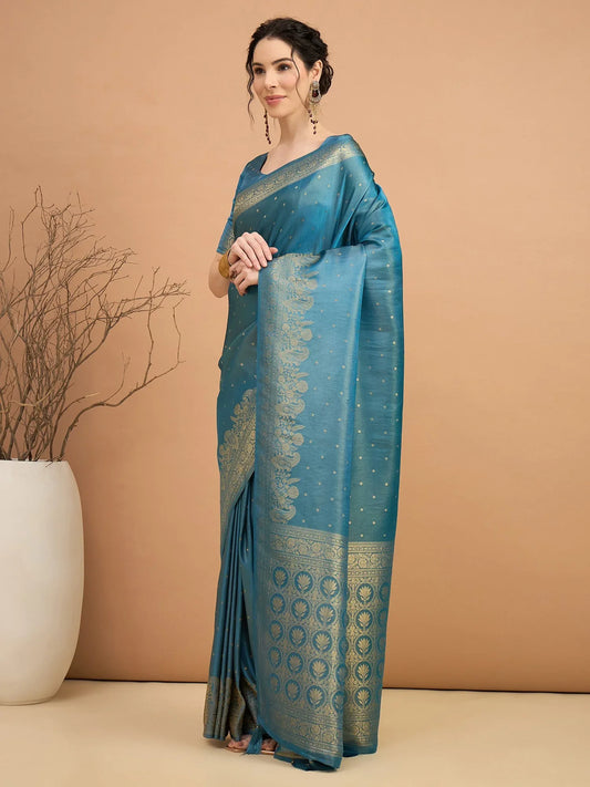 Blue Banarasi Satin Silk Woven Saree