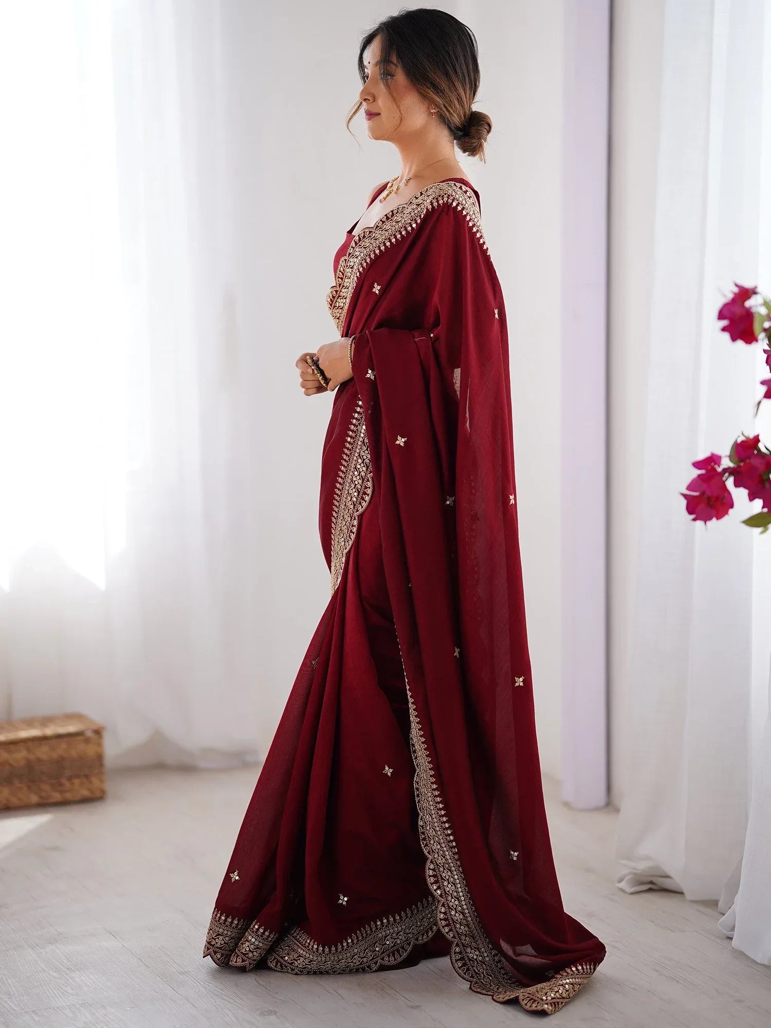Maroon Party Wear Vichitra Silk Embellished Saree