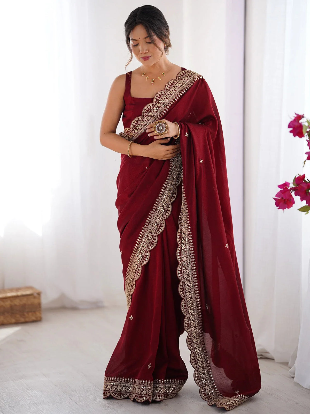 Maroon Maroon Party Wear Vichitra Silk Embellished Saree