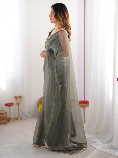 Sea Party Wear Net Embellished Saree