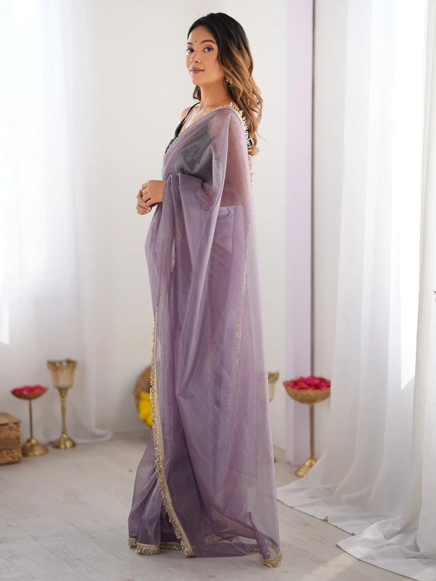Lavendar Party Wear Net Embellished Saree