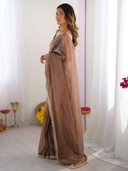 Brown Party Wear Net Embellished Saree