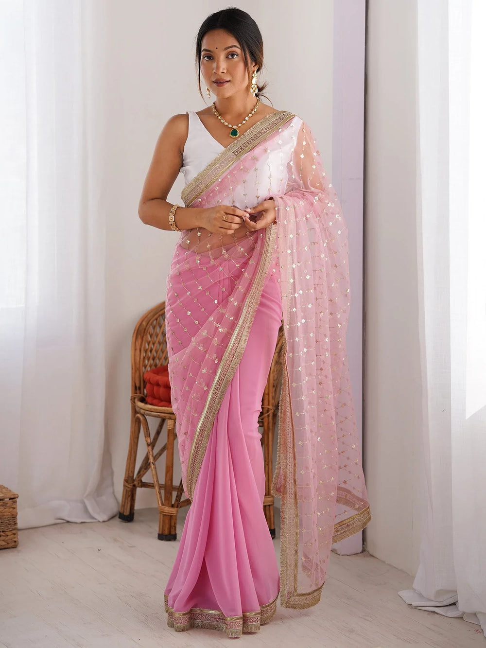 Pink Pink Party Wear Net Embellished Saree