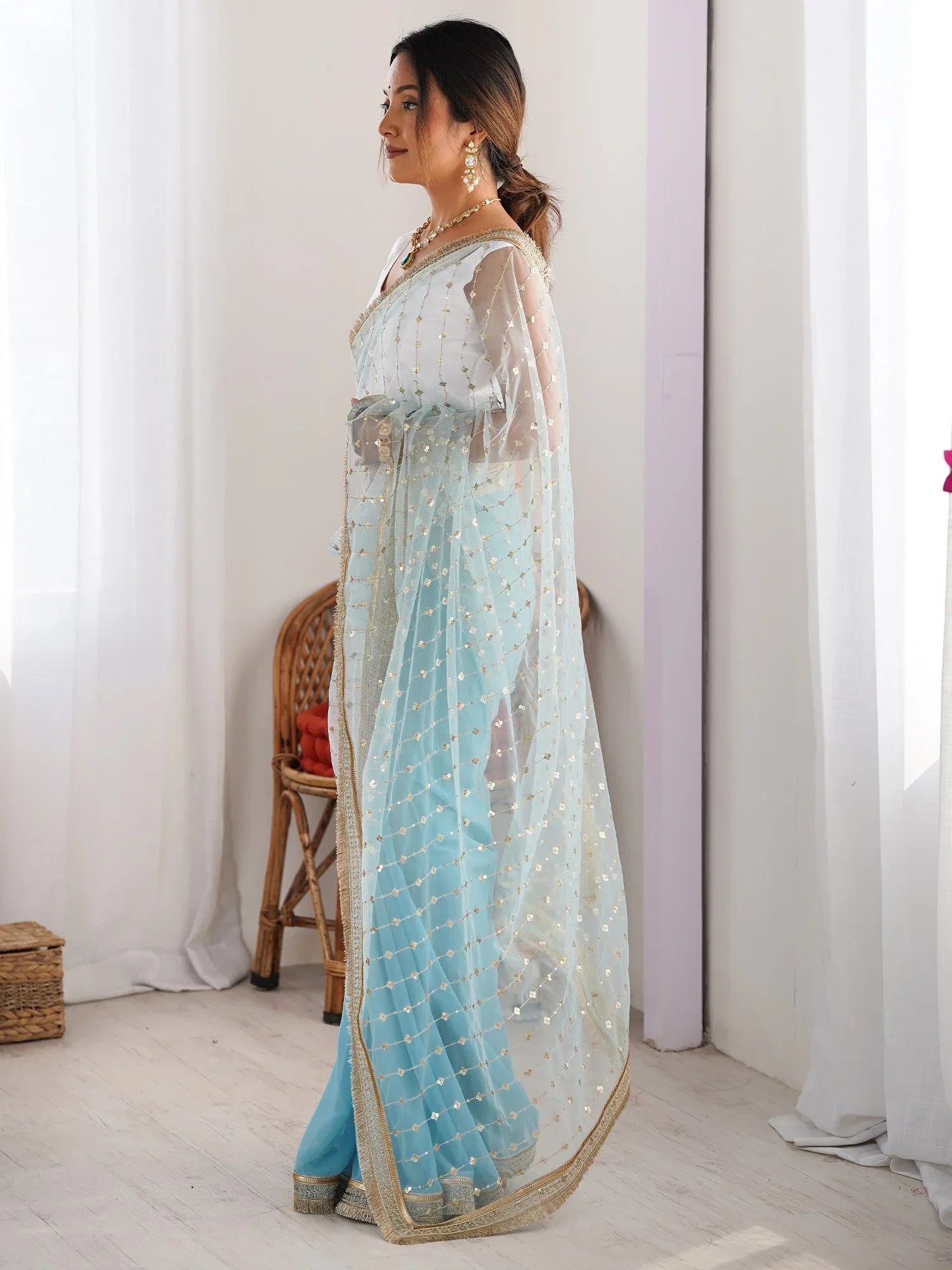 Light Party Wear Net Embellished Saree