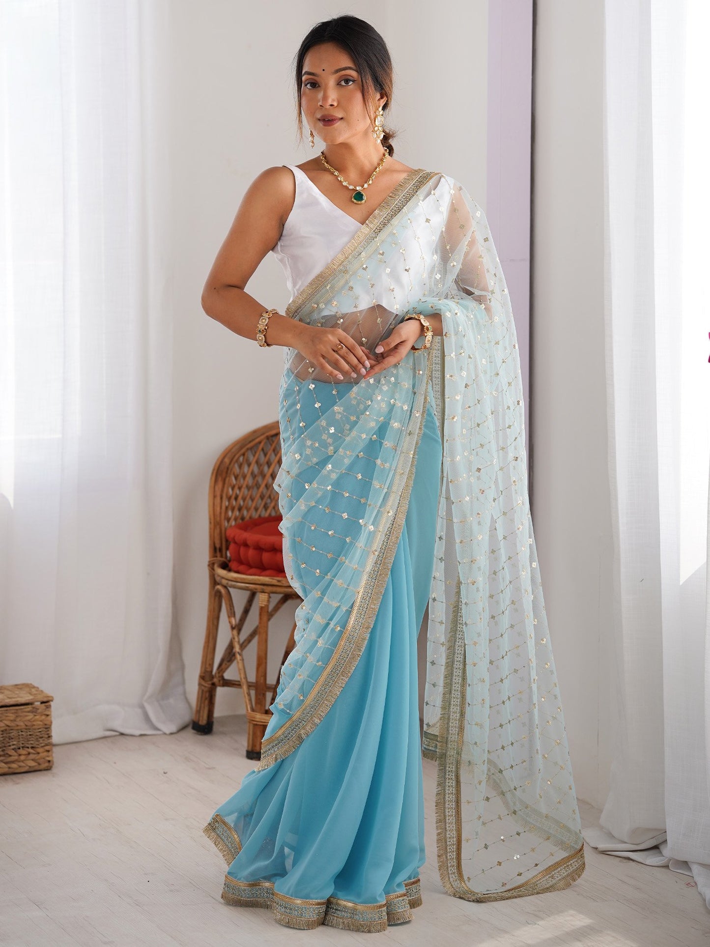 Blue Light Party Wear Net Embellished Saree